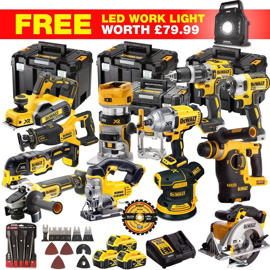 18V Cordless 13-Piece Power Tool Kit with 3 x 5.0Ah Batteries & Charger, Accessory Set incl. 240V LED Work Light