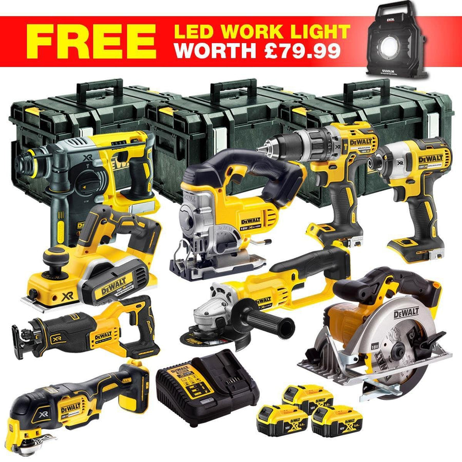18V Cordless 10-Piece Power Tool Kit with 3 x 5.0Ah Batteries & Charger incl. 240V LED Work Light